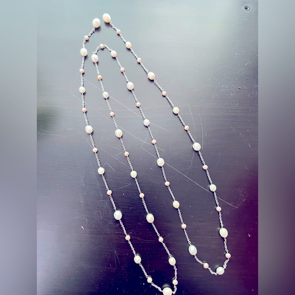 54inch single strand sterling and genuine pearl lariat style necklace